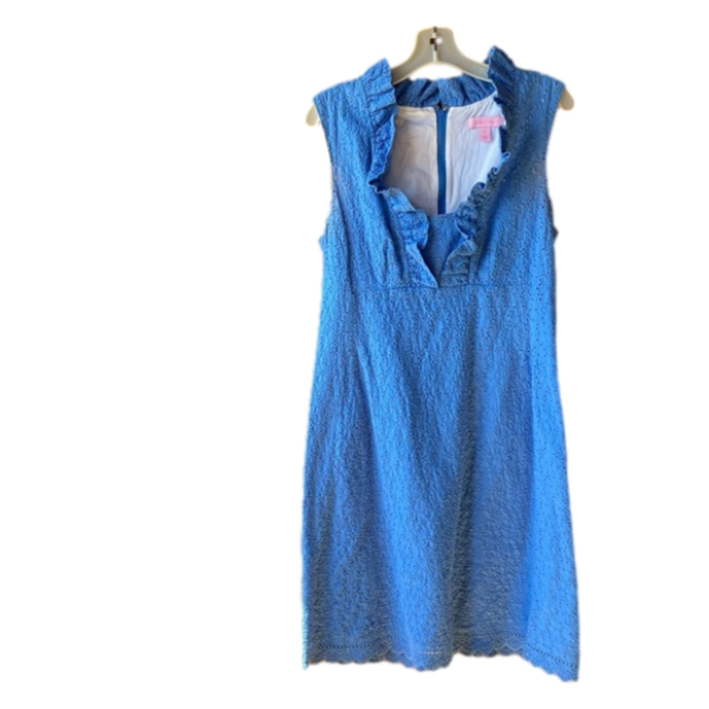 Lilly Pulitzer lined eyelet Textured Blue Ruffle Dress like new size small